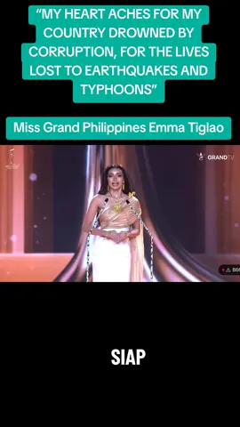“MY HEART ACHES FOR MY COUNTRY DROWNED BY CORRUPTION, FOR THE LIVES LOST TO EARTHQUAKES AND TYPHOONS” In a powerful message at the Miss Grand International 2025 Grand Final, Miss Grand Philippines Emma Tiglao emphasized the importance of living with empathy and kindness, and called for love to be the loudest voice for peace. 