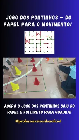 *JOGO DOS PONTINHOS – DO PAPEL PARA O MOVIMENTO!*  O clássico Jogo dos Pontinhos saiu do papel e agora é uma atividade cheia de movimento, estratégia e diversão!   *Como jogar:* Monte o tabuleiro no chão com tampinhas de garrafa como pontos e palitos do pega varetas para ligar os pontos. Divida a turma em duas equipes ou pequenos grupos. Cada equipe, na sua vez, liga dois pontos vizinhos. Quando completam um quadrado, marcam com cones de cores diferentes ou letras que representem a equipe. Seguem as mesmas regras do jogo no papel: vence quem conquistar mais quadrados. Essa versão desenvolve raciocínio lógico, coordenação motora, criatividade e trabalho em equipe, usando materiais simples e recicláveis. Uma forma divertida e educativa de aprender brincando! #jogosderaciocínio  #educacaofisicaescolar  #educacaofisica  #jogodospontinhos #psicomotricidade 
