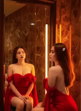 A stunning woman ( face reference only) sitting in front of a large mirror, her reflection clearly visible and perfectly aligned. She poses in a sensual and confident way, gazing into the mirror with a deep, mysterious expression. Her look conveys intensity and allure — a mix of confidence and seduction. She wears a red backless dress and put red ribbon on her chest with elegant draped fabric around her arms, showing her smooth shoulders and legs. The lighting is warm and golden, coming from a vertical tube light beside the mirror, softly illuminating her face and creating a glowing highlight on her cheek and collarbone. The rest of the room is dimly lit, emphasizing the contrast between light and shadow. Her hair is styled to look slightly messy on top, giving a natural but sexy volume, with a few loose strands falling across her forehead and cheek, catching the light beautifully. The reflection in the mirror shows both her front and her back from the side, enhancing the depth and elegance of the composition. The background wall is in a loft-style texture, mixed with a marble or stone finish in brown tones, accentuated with gold metallic details. A dark wooden frame surrounds the mirror, adding warmth and contrast to the luxurious setting. The overall tone of the image is intimate, glamorous, and cinematic — perfect balance between elegance and sensuality. Don’t change the face #gemini #capcut #xybca #fyp #fypシ 