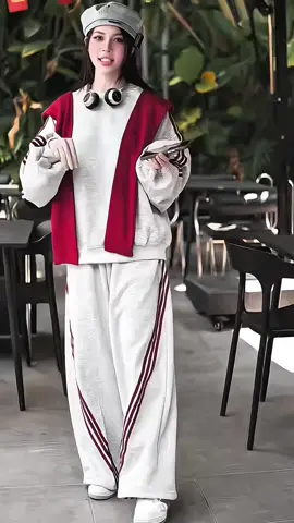 Sét bộ nỉ áo cổ tròn phối quần suông sọc rót 3 chi tiết xám sọc đỏ unisex form oversize phong cách trẻ trung#setboni #setthudong #thoitrangunisex #xuhuongtiktokk 