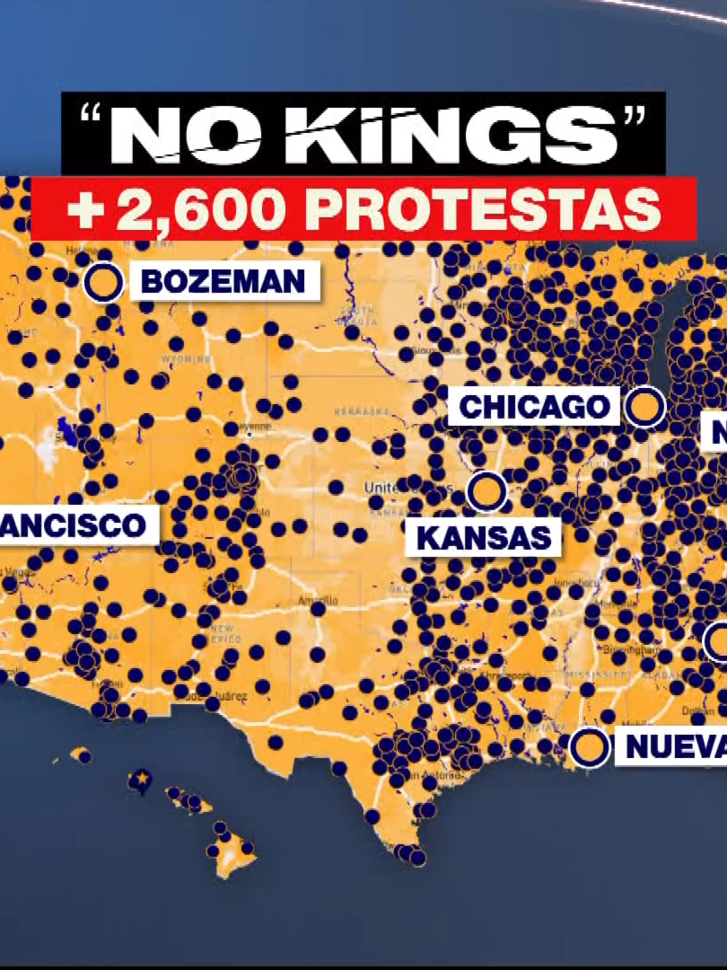 📍Miles de personas marchan este sábado en ciudades de todo Estados Unidos como parte de las manifestaciones bajo el lema #NoKings (No a los Reyes), en protesta contra las políticas del Gobierno de Donald Trump, que los republicanos califican como “odio hacia Estados Unidos”.  Se trata de la tercera movilización masiva desde el regreso de Trump a la Casa Blanca y se espera que sea la más grande.