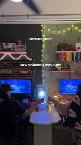 i truly married my best friend 🥹 after long days, these are the nights we look forward to together 🧡  #hobbyroom #gamercouple #homelibrary #gameroom #cozyhome 