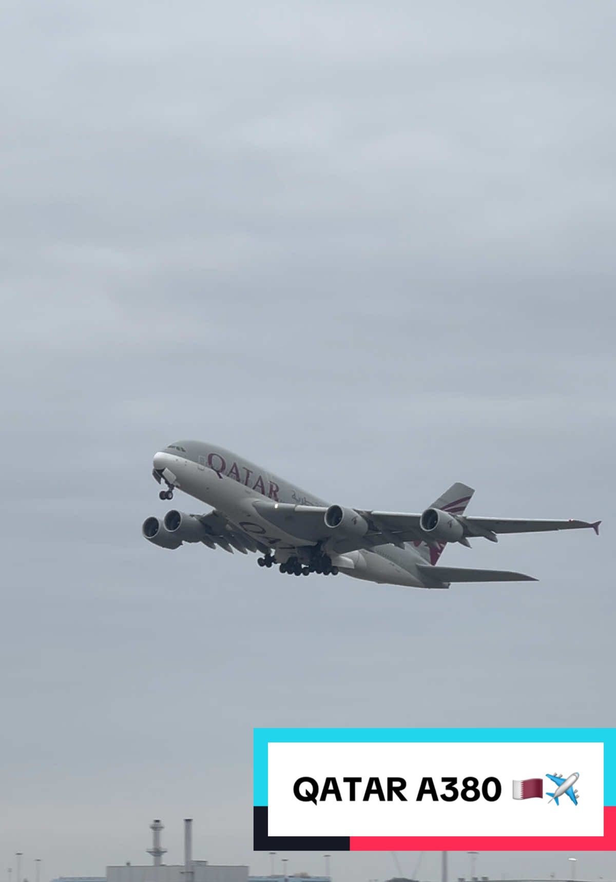 Qatar Airways A380 lifting off from Heathrow — the giant gracefully tucks the gear away 🛫 #qatar #a380 #aviation #planespotting #lhr 