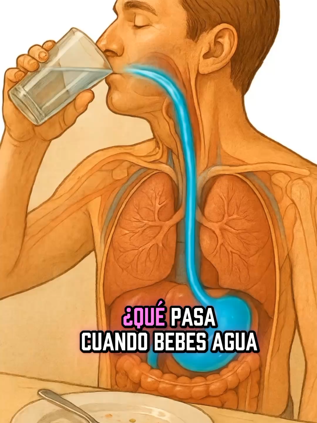 Ciencia en acción. ¿Qué sucede dentro de tu cuerpo cuando bebes agua inmediatamente después de comer?#humanbody #aiart #sciencetok #3danimation
