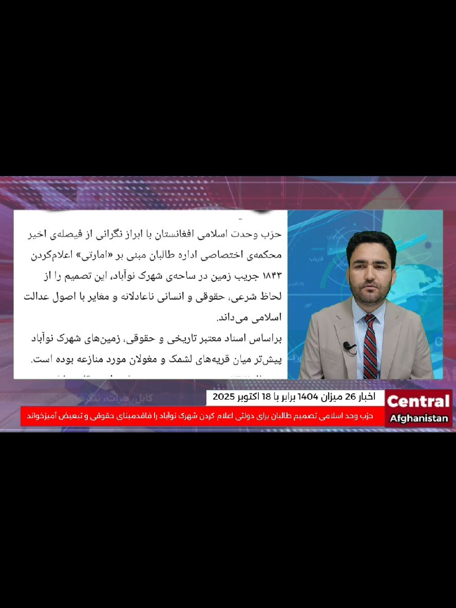 حزب وحدت اسلامی افغانستان در واکنش به دولتی اعلام شدن شهرک نوآباد غزنی از سوی تالبا این تصمیم را فاقد مبنای حقوقی و تبعیض آمیز خواند این حزب میگوید صاحبان زمین اسنادمعتبر در دست دارند که طی سالهای متعدد و توسط حکومت های متخلف تایید شده است