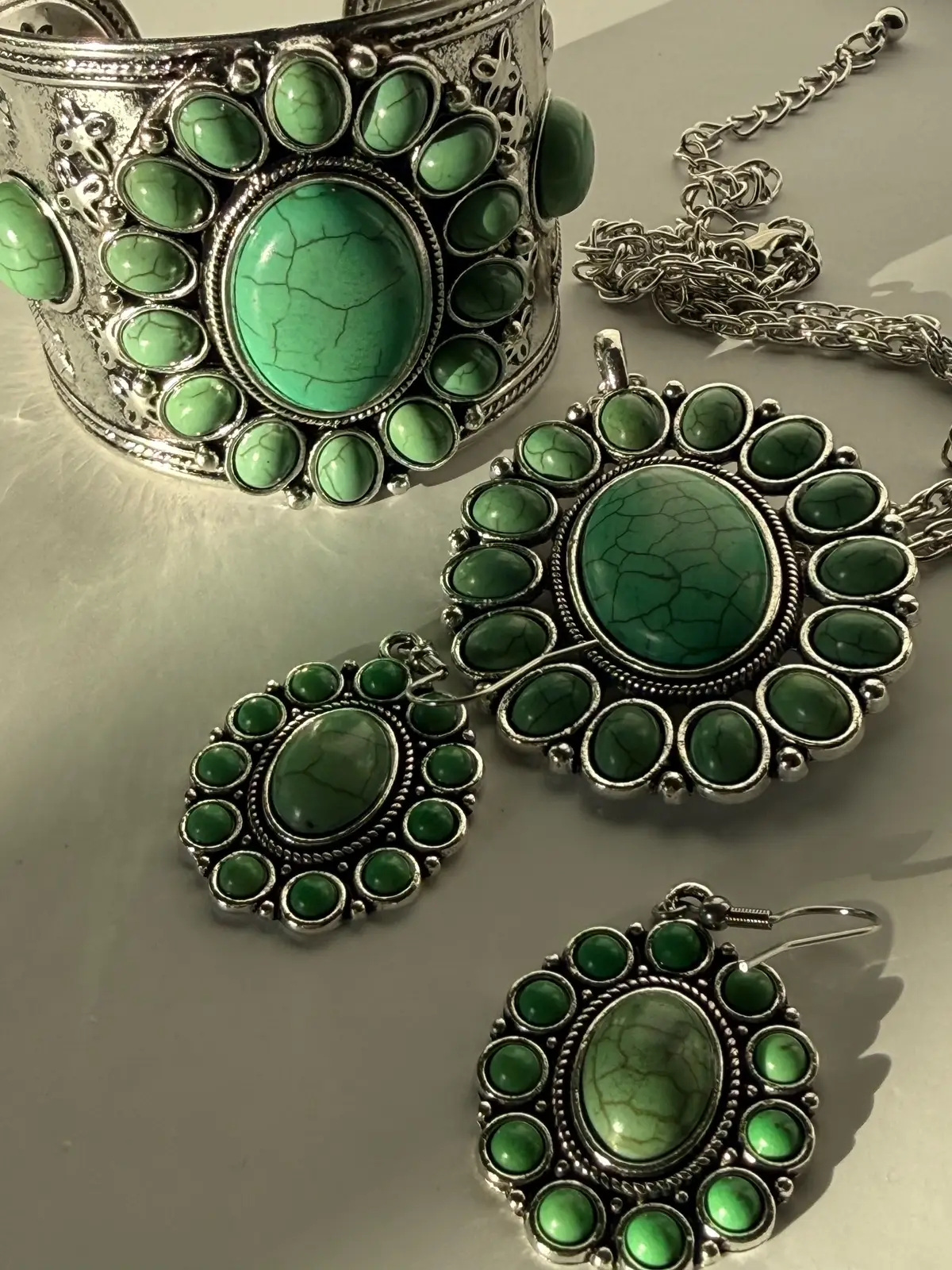 #AD  Jewelry isn’t just an accessory — it’s the sparkle that tells your story. When it comes to jewelry, there’s something for everyone! Whether you like a simple earring, flashy ring, or statement piece, there is something for YOU at @Shop with Shop LC  Today, I’m featuring Constituted Green Howlite Gemstone. It includes a cuff bracelet, earrings, and pendant necklace. If this is not your style, I’m confident that you will find something else at the following link (also in my bio!) https://get.aspr.app/SH1Jwb #shineresponsibly #weshoplc #deliveringjoy #jewelry 