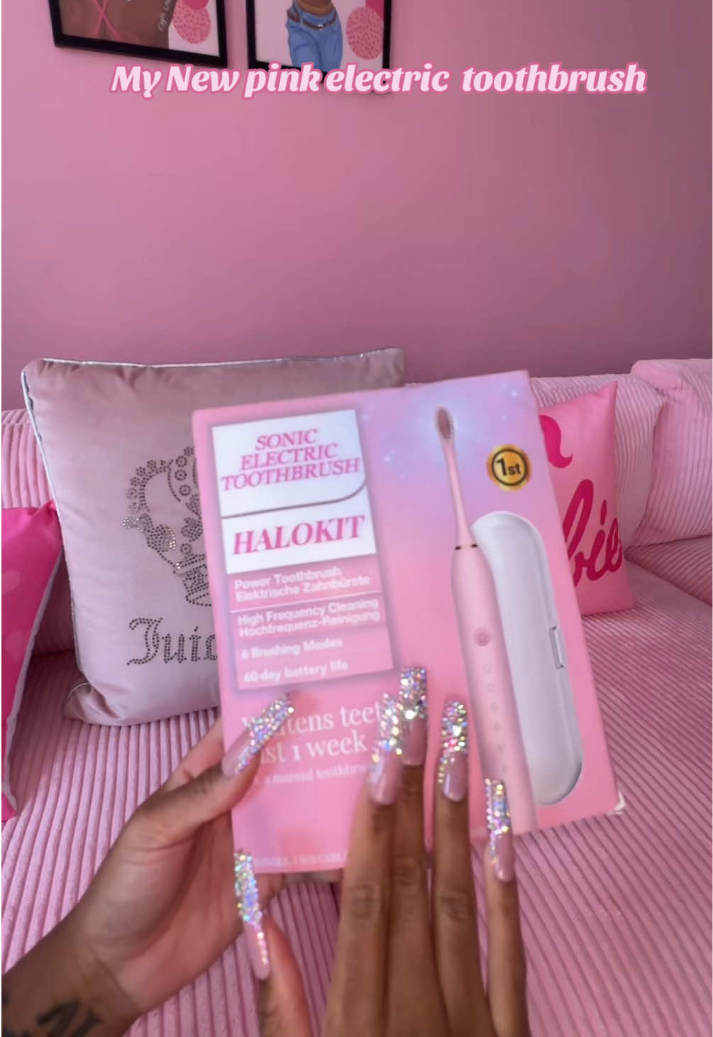 How cute is my new pink electric toothbrush! Comes with six brushing molds, 60 day, battery life and more 