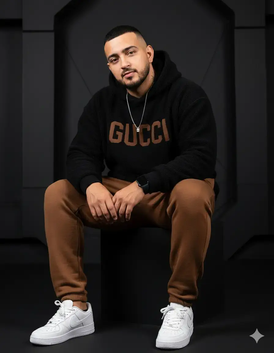 #ia #gemini #inteligenciaartificial #viral Foto editorial de moda estilosa de um modelo masculino homem de 34 anos quero que use todas as características da foto que coloquei como referência. Vestindo um moletom preto oversized com nome grande Gucci na cor da calça no peito e calça de moletom marrom, combinados com tênis branco da Nike com símbolo na cor da calça. Um colar fino de prata e um relógio esportivo smartwatch no braço esquerdo. Um cenário de estúdio preto suave com iluminação cinematográfica suave, texturas marcantes, estilo editorial futurista, modelo sentado elegantemente, cabeça ligeiramente inclinada, postura relaxada.