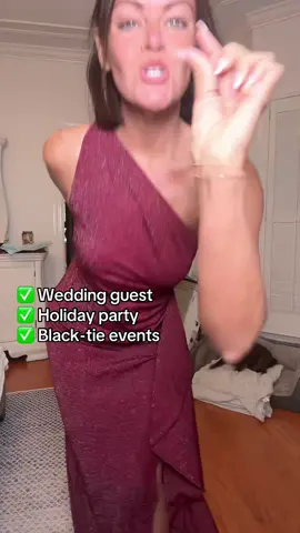 One shoulder glitter gown. Right arm is out with a right slit. Ruching and waist gathering to help hide tummy. A great wedding guest dress or holiday party dress that you can still wear shapewear with! Wearing a 4 (true to size, 5'3 + 3