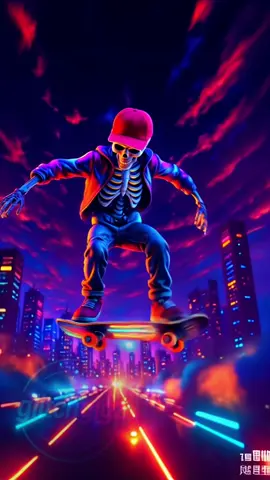 Neon Skater: Ride of the Dead #SkeletonRider #AIshorts #Glitchgigz #NeonVibes  #CapCut 