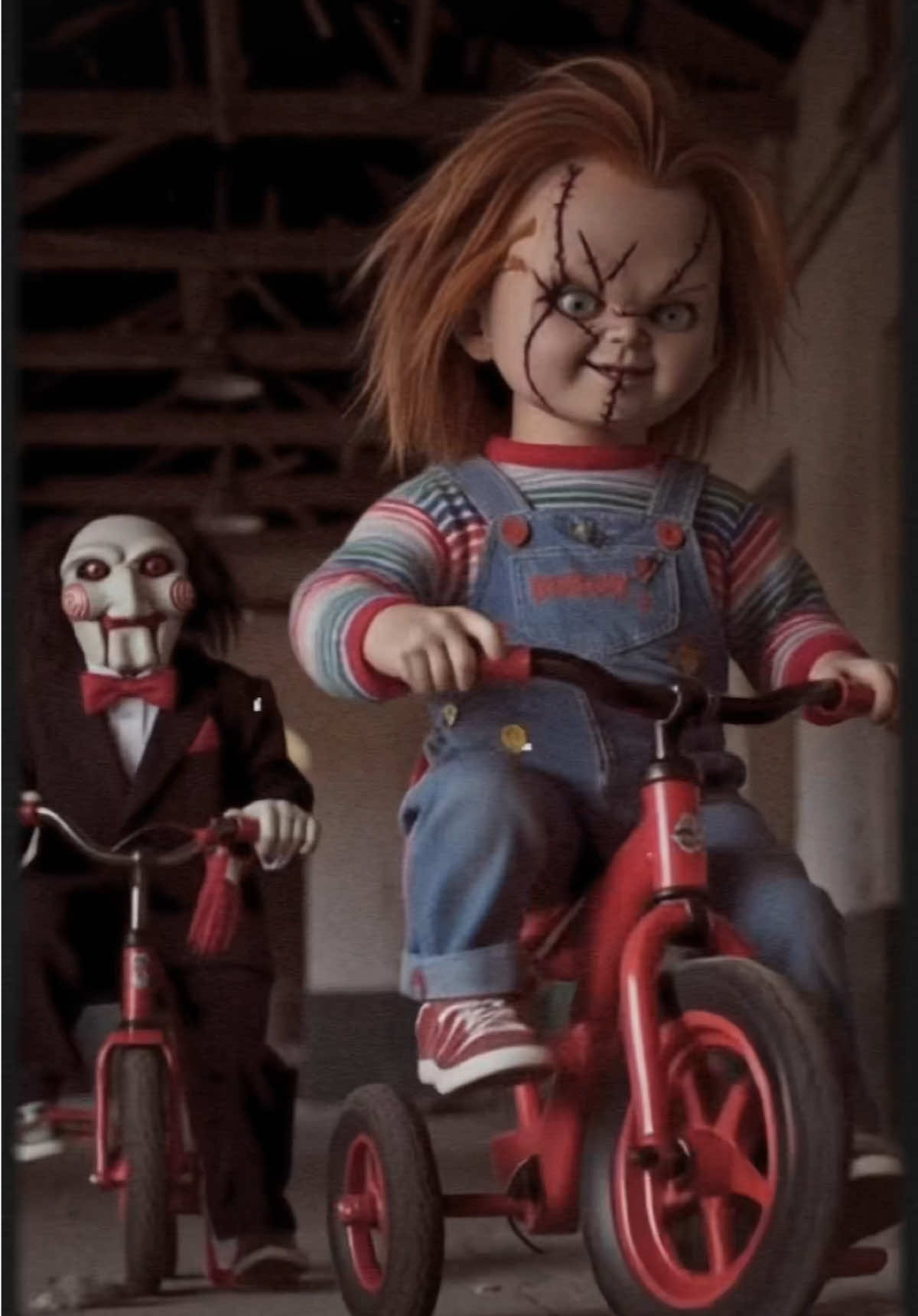 Jigsaw can't keep up with Chucky. 🚲🧩 #chucky #jigsaw #horror #aihorror 