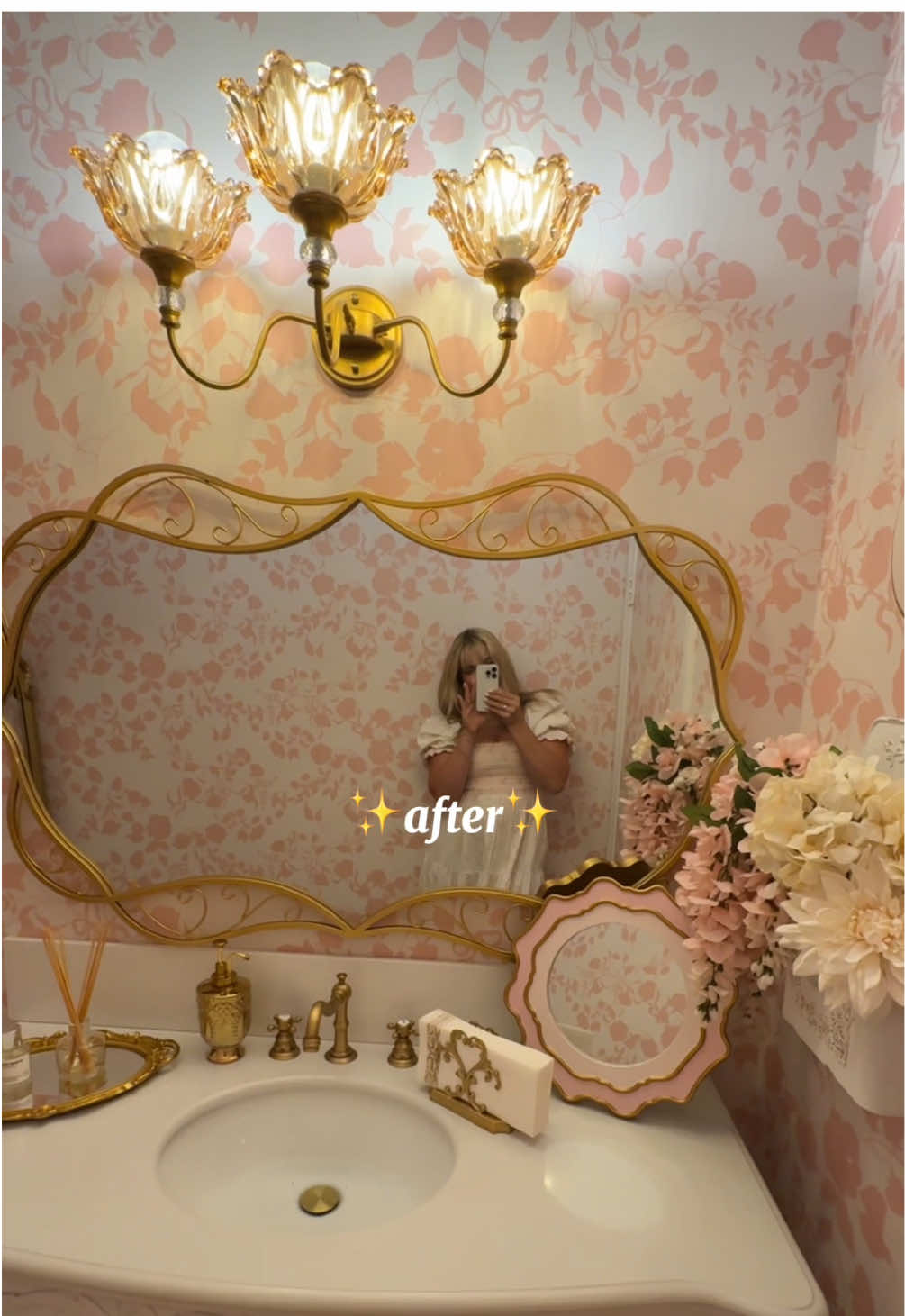 still wanna add a couple details but i loveeeeeee 😍  #bathroom #decor #pink #remodel #wallpaper 