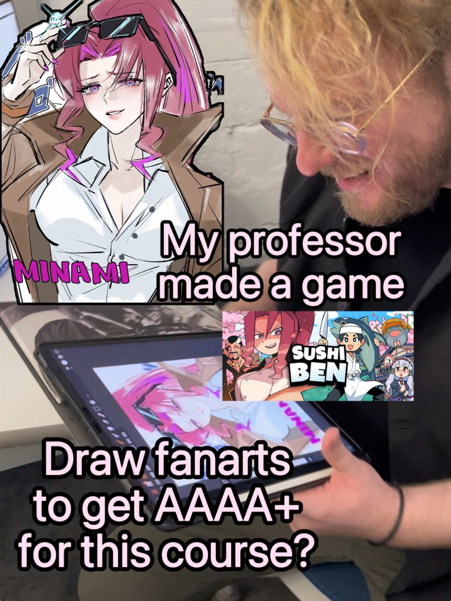 My professor@DmawDev made a game, draw fanarts to get AAAA+for this course!#sushiben #fyp #fanart #indiegame #schoollife 