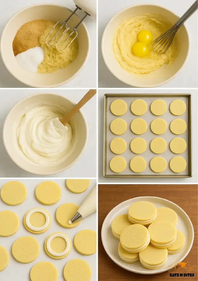 🍪 Butter Sandwich Cookies Ingredients For the Cookies: 1 cup (225 g) unsalted butter, softened 3/4 cup (150 g) granulated sugar 1 large egg + 1 egg yolk 2 cups (250 g) all-purpose flour 1/2 cup (60 g) cornstarch 1 tsp vanilla extract 1/4 tsp salt For the Filling: 1/2 cup (115 g) unsalted butter, softened 1 cup (120 g) powdered sugar 1 tsp vanilla extract 1–2 tbsp milk or cream (as needed for consistency) 🧁 Instructions Step 1: Cream Butter and Sugar In a large bowl, beat butter and sugar together until light and fluffy using a hand or stand mixer. Step 2: Add Eggs and Vanilla Add the egg, egg yolk, and vanilla extract. Mix until fully incorporated and smooth. Step 3: Add Dry Ingredients In another bowl, whisk together flour, cornstarch, and salt. Gradually add to the butter mixture and mix until a soft dough forms. Step 4: Roll and Cut Roll out the dough on a lightly floured surface to about 1/4 inch (6 mm) thick. Cut out round shapes using a cookie cutter. Place them on a baking tray lined with parchment paper. Step 5: Bake Preheat oven to 350°F (175°C). Bake for 10–12 minutes or until the edges are slightly golden. Let cool completely. Step 6: Make the Filling Beat butter, powdered sugar, and vanilla until creamy. Add a bit of milk if needed for smooth consistency. Step 7: Assemble the Cookies Pipe or spread filling onto one cookie. Top with another cookie to make a sandwich.