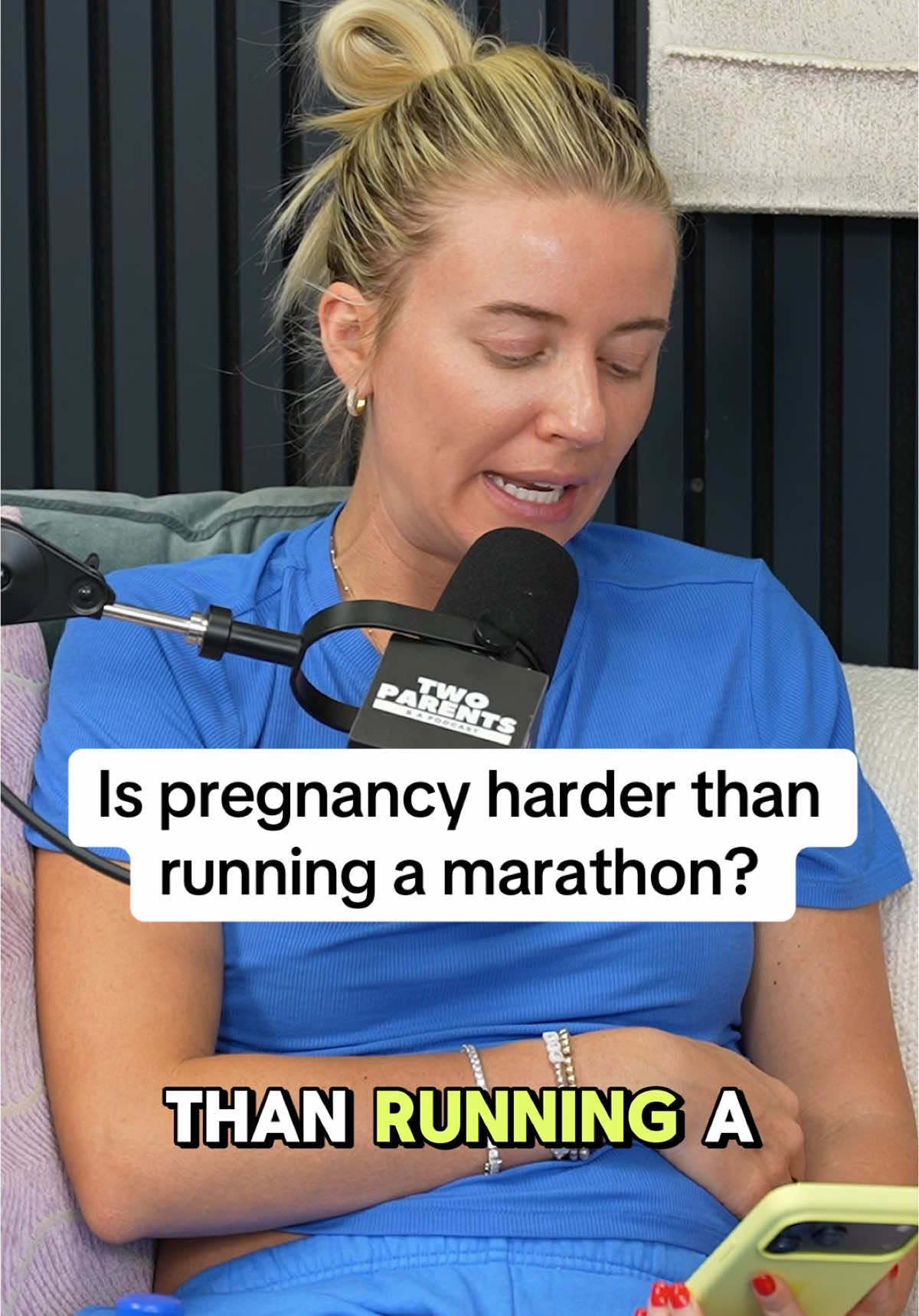 Can any moms that have run marathons end this debate for us in the comment section? 😂 #twoparentsandapod #newparents #marathons #pregnant 