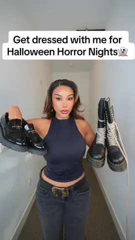 Get dressed with me for Halloween @Universal Hollywood #grwm #outfitinspo #blackjeans #skims 
