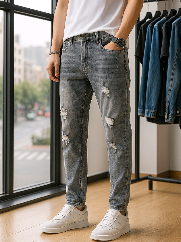 Celana jeans sobek cowok skinny stretch panjang pria denim ripped laki laki dewasa Slim Fit pensil Melar robek cowok korea style. #celanajeans #jeanssobek #outfitinspiration #gajiansale #jeansoutfit 