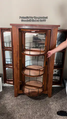 I was so excited when I saw this rotating bar cabinet at Goodwill this morning!!😍 If you saw my dawgs gripping the carpet, no you didn’t😬 #barcabinet #goodwill #thriftfinds #thrifting #furniture 