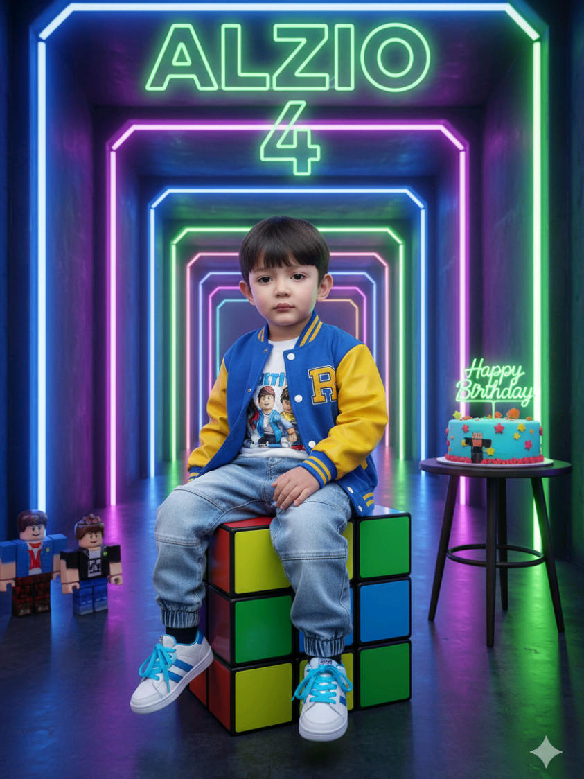 Perayaan ulang tahun anak laki-laki tema neon Roblox 😍 ngide-ngide ternyata keren bangeet 😍 Asli anak aku jadi fashionable bgt 🥰 . . . Prompt 👇: Tanpa mengubah wajah sedikit pun, ubah foto ini menjadi foto super realistis beresolusi tinggi dengan format besar dan rasio aspek 9:16. Seorang anak laki-laki berusia empat tahun duduk di atas Rubik’s Cube raksasa berwarna-warni. Ia mengenakan jaket baseball biru dan kuning, kaos putih bergambar Roblox, celana jeans jogger oversize biru muda dengan efek “distressed” atau “washed”, serta sepatu kets putih dengan garis biru dan tali berwarna biru neon. Ia menatap lurus ke kamera dengan ekspresi tenang. Latar belakang bernuansa neon hidup penuh warna, dipenuhi lampu neon biru, ungu, dan hijau neon yang menciptakan suasana cerah dan futuristik. Di belakangnya terdapat tulisan “ALZIO” besar bercahaya hijau neon, dengan angka “4” di bawahnya yang juga menyala lembut. Di lantai sebelah kiri, terdapat beberapa mainan Roblox berukuran besar yang tampak detail dan realistis. Di sebelah kanan, ada meja kecil dengan kue ulang tahun bertema Roblox, dihiasi topper bertuliskan “Happy Birthday” berwarna hijau neon yang bercahaya. Cahaya di sekitar tampak hidup dan berwarna-warni, namun tetap lembut di wajah anak, menonjolkan tekstur kulit asli secara alami. Fokuskan agar hasil akhir terlihat sangat realistis, tajam, penuh detail, dengan tekstur kulit manusia nyata, pencahayaan natural, dan wajah asli tidak berubah. --- 🚫 Prompt negatif (hal-hal yang harus dihindari) kartun, 3d render, cgi, ilustrasi, gambar, lukisan, anime, seperti boneka, kulit plastik, kulit tidak realistis, pencahayaan tidak alami, wajah berubah, bentuk wajah aneh, jari berlebih, hasil buram, distorsi wajah, warna terlalu mencolok, artefak AI . . #ulangtahunanak  #happybirthday #gemini #prompt #fotoai 
