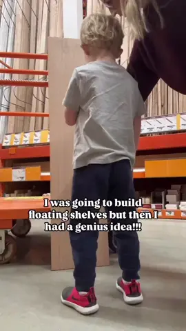 Follow for more! DIY Floating Shelf Hack! 💪🏼 I found these stair treads that make the perfect floating shelves! Simply cut them down to size, stain/paint and install! SO GENIUS! And easy! A very beginner friendly DIY! You can use metal shelf brackets or if putting between two cabinets… simply screw them in!