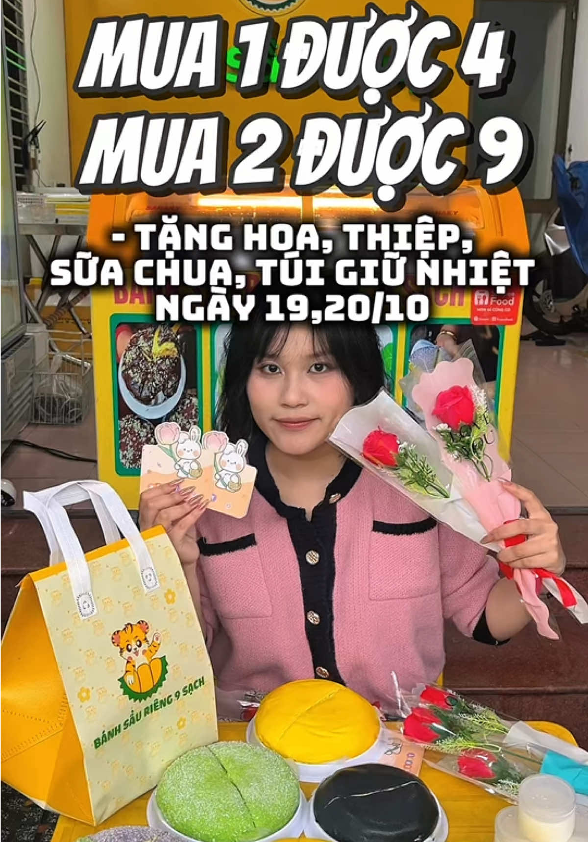 Mua 1 được 4, mua 2 được 9 trong ngày 19,20/10 như tặng hoa, thiệp, sữa chua, túi giữ nhiệt của Bánh Crep Sầu Riêng 9 Sạch #banhcrepesaurieng #banhcrepesaurieng9sach #LearnOnTikTok #mammamdanang 