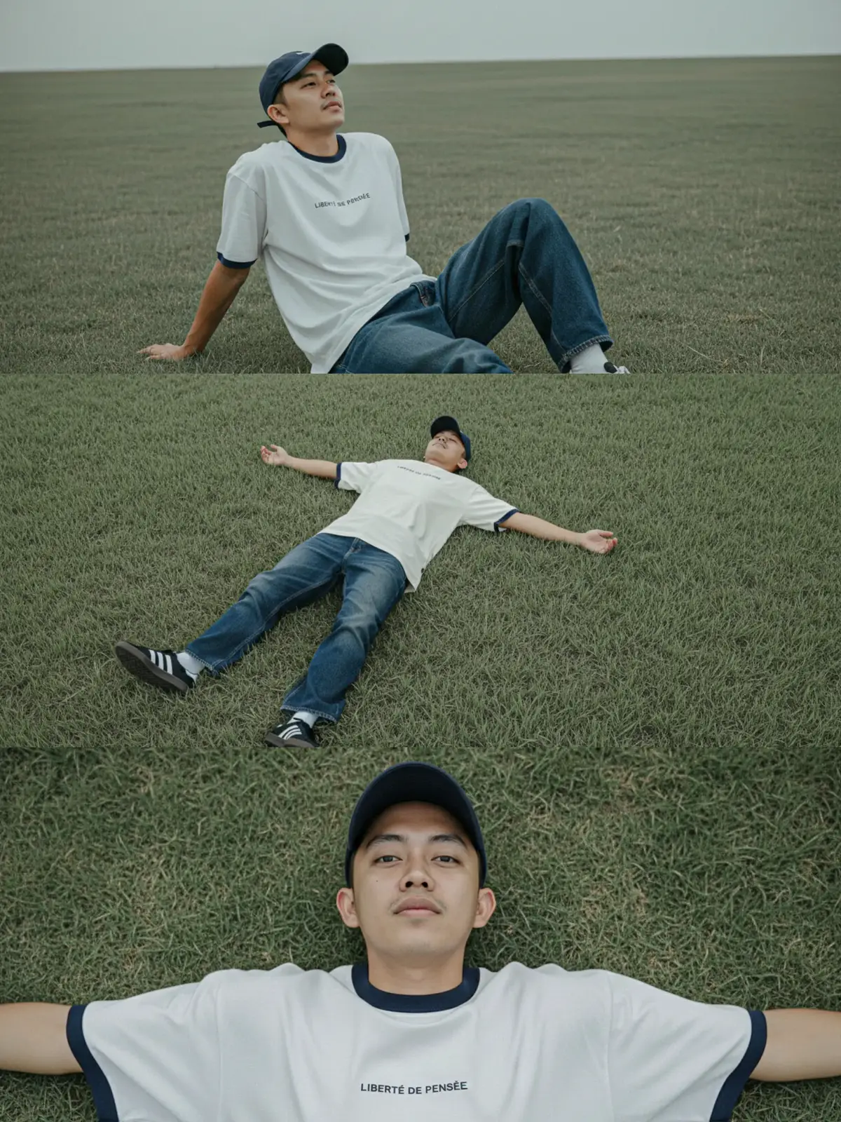 Mencari ketenangan bukan lagi kesenangan... PROMPT : A cinematic vertical 3-photo grid film still sequence featuring the same man in a muted green grass field under an overcast midday sky. The lighting is soft, evenly diffused, and moody, creating a melancholic yet peaceful tone with desaturated green-gray colors and natural Fujifilm-like film texture. In the first frame (top), he sits half-reclined on the grass, one hand supporting his body behind him, face turned upward toward the pale light with a calm, introspective expression; one leg bent, the other stretched out naturally. In the second frame (middle), he lies flat on his back with both arms stretched wide open beside him, one leg straight and the other slightly bent, staring blankly toward the cloudy sky with an empty, dreamy gaze — body completely relaxed, evoking surrender and stillness. In the third frame (bottom), a medium close-up top-down shot shows him in the same lying position, arms open, eyes looking directly toward the camera with a blank, distant expression, as if lost in thought. He wears an oversized white t-shirt with small minimalist text “LIBERTÉ DE PENSÉE” across the chest, trimmed with dark navy collar and sleeve edges, paired with loose dark blue baggy jeans and retro black sneakers with white stripes. His realistic face is identical to the reference, featuring expressive eyes, a defined straight nose, and soft natural lips, partially shaded by a navy baseball cap with strands of black hair peeking out. The overall composition is cinematic, natural, and introspective, capturing solitude and emotional stillness through consistent tone and framing across all three vertical frames. #Photolab #Prompt #kceut #AI #NanoBanana 