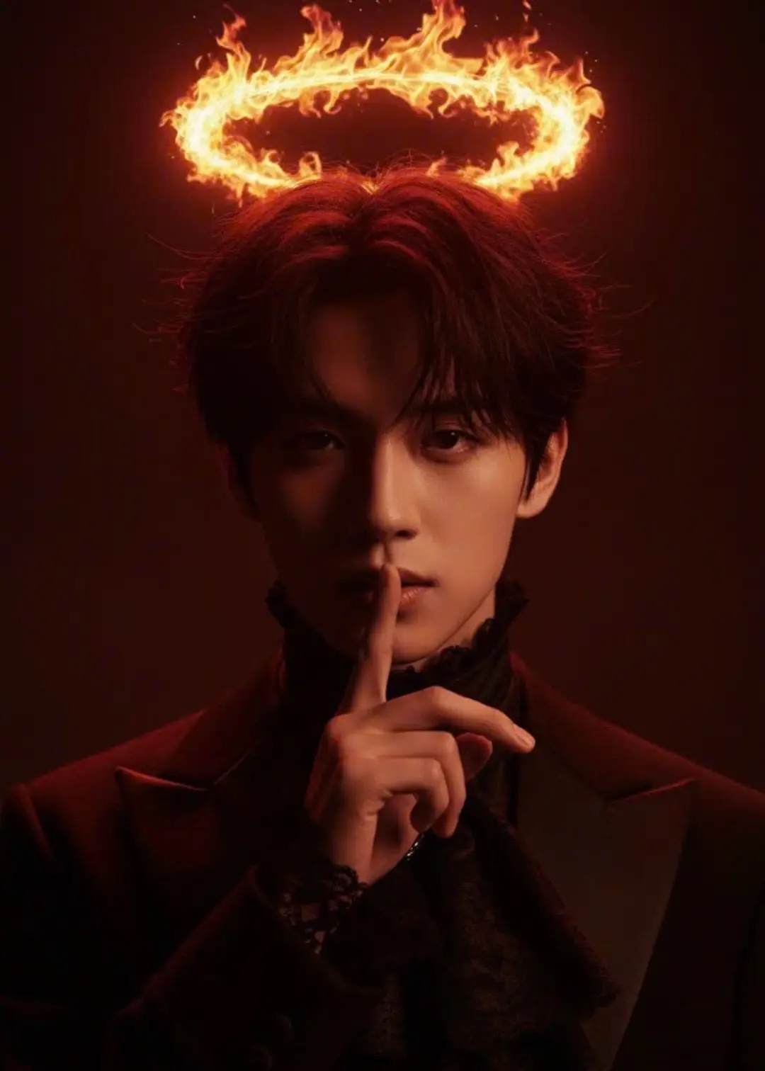 1.Open Gemini 📲  2.Upload Photo 📷  3.Paste Reminder 📃    ~• Prompt : Cinematic Portrait (face and hairstyle unchanged) • Expression: The character raises a finger to his lips, a gesture often interpreted as 'shush' • Clothing: The subject is wearing dark clothing, likely a high-necked or lace/pleated blouse, adding elegance but also demureness. • Lighting: The lighting is extremely chiaroscuro. The character is lit from above and from the front, but the background and much of the body is in deep shadow. • Halo: The most prominent feature is the bright orange halo hovering above the head. This halo usually denotes angelic or divine qualities, but here, combined with the eyes and the gloomy atmosphere, it creates an interesting contrast—a 'fallen angel' or an entity that appears holy but is actually evil or dangerous. • Color scheme: The color palette is predominantly warm and dark (monochromatic): dark red, burnt orange, black, and reddish brown. Red and orange are associated with heat, danger, and passion.