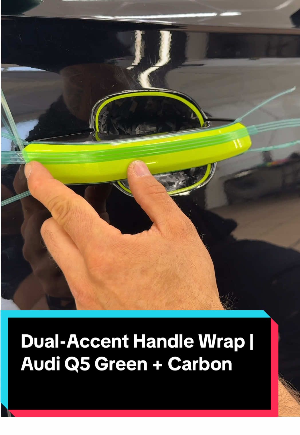 Dual-Accent Handle Wrap | Audi Q5 Green + Carbon This tutorial shows you how to wrap the front face of the door handle on a black Audi Q5 with a bold two-tone effect: a bright green base layer topped with a black forged carbon film inset, giving a clean frame contrast. We use a safe cutting method with single‑line and tri‑line knifeless tape so you can achieve sharp edges without risking the paint. 📋 Step‑by‑step process: 🧼 Clean the handle surface thoroughly to remove oils and dust 📏 Measure and cut the green vinyl slightly oversized for coverage 🧷 Apply single-line knifeless tape along the top and bottom edges 🧷 Apply tri-line knifeless tape in the central zone for controlled cuts 🖼️ Place the green vinyl over the handle face and smooth it in 📏 Measure and cut a section of black forged carbon vinyl slightly smaller than the green overlay 🔥 Lightly heat the carbon vinyl to help it mold and relax ✂️ Pull the tri-line tape to trim the inner portion, revealing green edges ✂️ Pull the upper and lower single-line tape to cut clean border lines 🔥 Final heat gun pass to conform edges and secure adhesion 🌟 Why this approach works: • Creates a clean, framed accent with high color contrast • Safe cuts using knifeless tape reduce the risk of scratches • Fully reversible — you can peel or swap colors anytime • Elevates the handle detail without changing its structure • Great for adding personality to small, visible elements #Wrapping #VinylWrap #AudiQ5 #HandleWrap #TwoToneAccent    