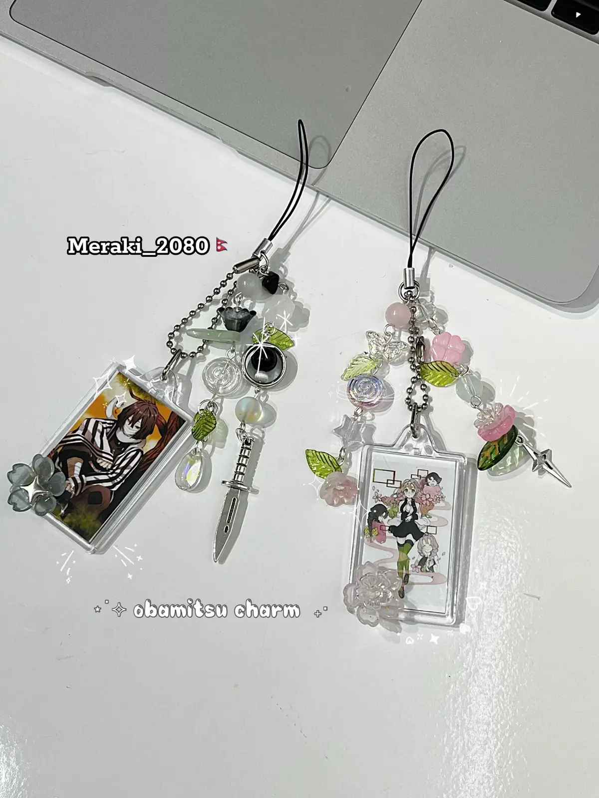 . ˚˖𓍢ִ໋🌷͙֒✧⋆⸜ 🍵✮˚🗡️ 🖤 Iguro x mitsuri — Demon slayer— Matching keychain🫧 Handmade 🫶🏻. Rs 350 each. 📍visit our store:- lalitpur,pimbahal gate (Chabahal gate) Map 🗺️:- Meraki lifestyle pvt ltd. Contact number /whatsapp:- 9813097271 Dm us for more details. #mitsuri #iguroobanai #demonslayer #fyp #foryou            