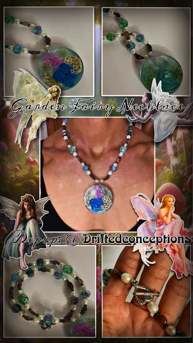 Depop: @ driftedconceptions  Featuring - freshwater pearls, hand-painted glass beads & a handmade resin pendant 🧚‍♀️  (edit made on Picsart 🤗) #alt #fairy #handmadejewelry #SmallBusiness #foryoupage 
