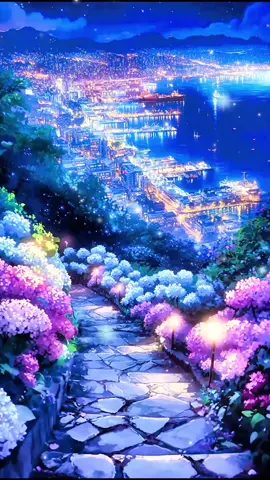 紫陽花の坂道に灯る夜#幻想的#癒し #aiart #夜景 #紫陽花