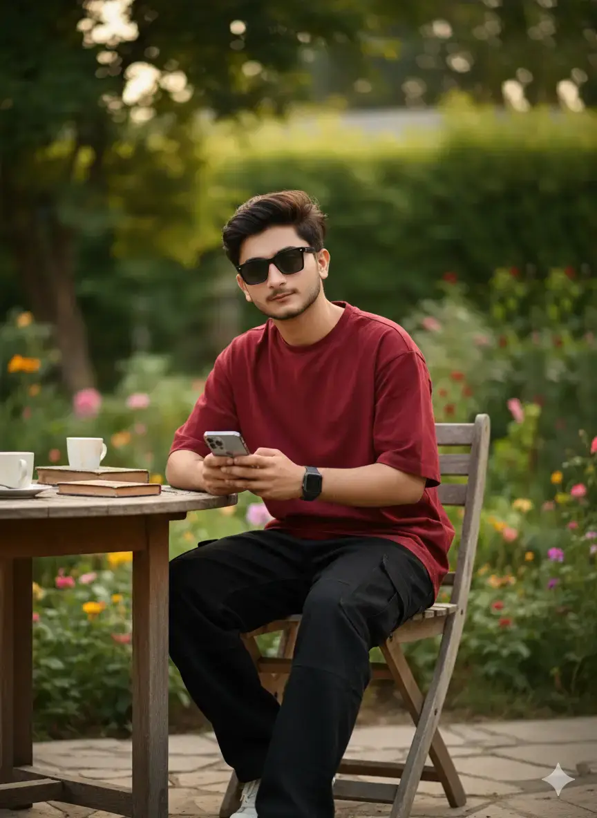A man with a 100% matching face to the uploaded photo, sitting stylishly on a chair under a road with two iron pillars holding a board above; the board has 