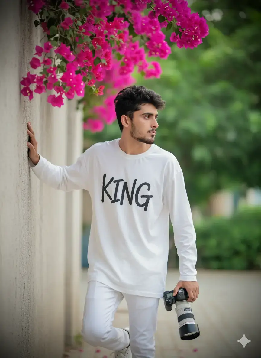Create a stylish young man (refrence image given) with a dark messy hairstyle, wearing a white oversized stylish front name: KING printed shirt. White pant and white sneakers. He is looking 200% thoughtfully off-camera, captured in a candid. Holding lenses camera and push wall. The composition is framed by a branch of vivid magenta/pink bougainvillea flowers in the upper left corner and heavily blurred green leaves in the extreme, side shot with contrast.