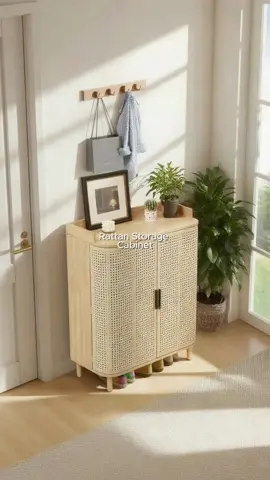 This rattan shoe cabinet is the hallway upgrade I didn’t know I needed 🌿 Natural wood, curved doors, and space for all my shoes — even boots! Would you go for this boho vibe? #Giratree #Giratreefurniture #BohoHome #EntrywayDecor #HomeInspo
