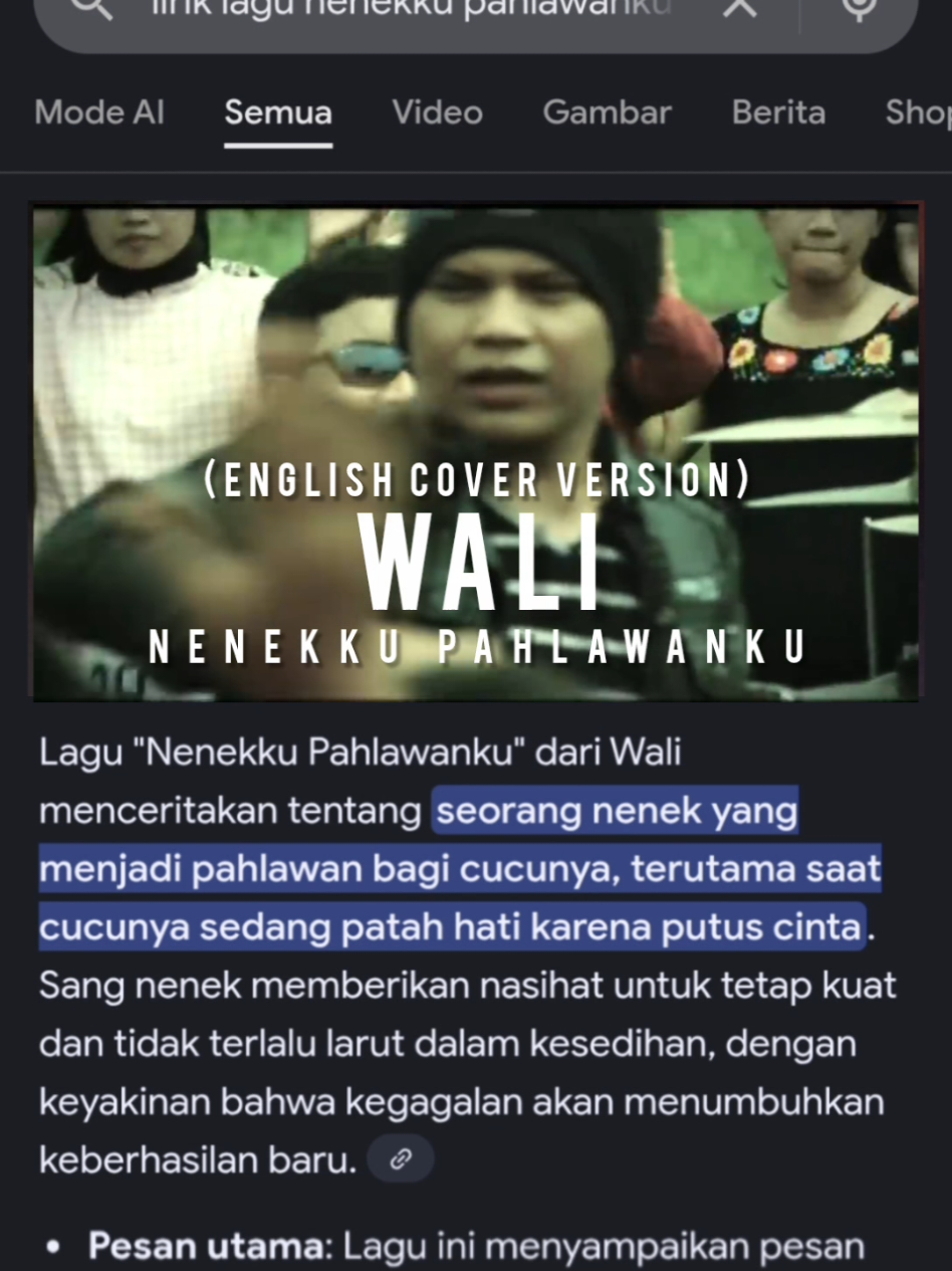 Nenekku Pahlawanku - English Cover Version (Originally by Wali Band) Lagu ini dibuat dengan menggunakan Bantuan Teknologi Kecerdasan (AI). Karya asli sepenuhnya milik pencipta, label, dan publisher terkait. Video ini bersifat interpretasi/eksperimen untuk keperluan kreatif & edukasi. Saurce Youtube : 7997 Music #waliband #nenekkupahlawanku #coversong #englishversion #fyp 