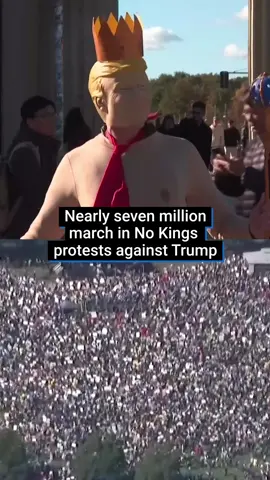 Protesters spanning all age groups, and across all 50 states, took to the streets en masse for 'No Kings' rallies across the United States, denouncing what they view as authoritarian tendencies and unbridled corruption of US President Donald Trump. Organisers expected millions of people to turn out by day's end at more than 2,600 planned rallies in major cities, small towns and suburbs, challenging a Trump-led agenda that has reshaped the government and upended democratic norms with unprecedented speed since he took office in January. #nokings #usnews #donaldtrump #worldnews