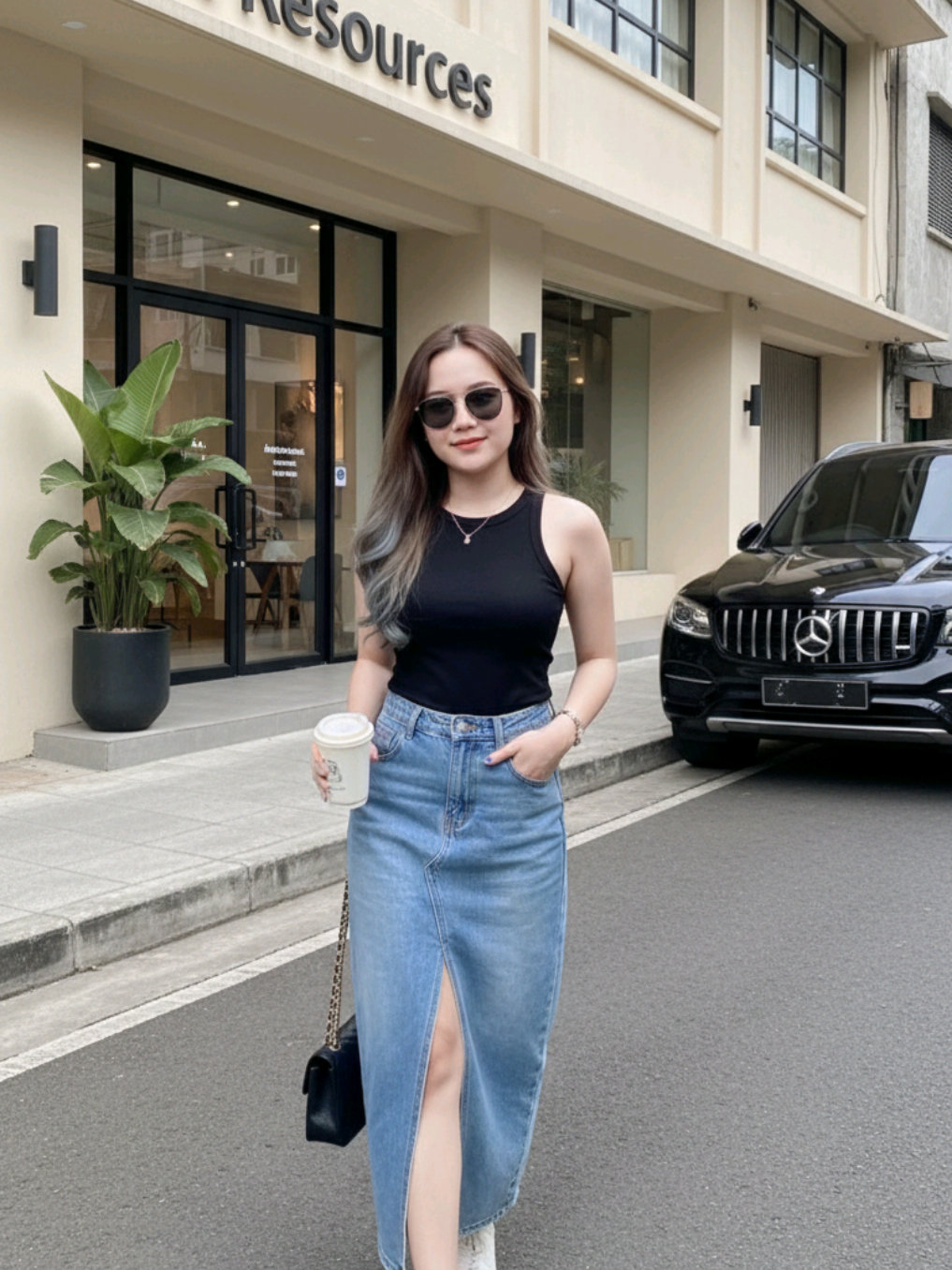 prompt : Buatkan foto diatas menjadi seorang wanita muda Indonesia berkulit putih bersih dengan ekstrak wajah, alis, bibir, hidung dan mata sama persis seperti difoto. Ia berpose di pinggir jalan trotoar pada sore hari. dengan rambut berwarnanya yang panjang bergelombang, badannya ideal. ia mengenakan atasan tanktop hitam tanpa lengan dan rok panjang denim dengan belahan tinggi di bagian depan . Ia membawa tas tangan channel hitam di tangan kirinya dan memakai kacamata hitam, memakai sneakers putih bertali. Ia berpose dengan satu kaki kedepan, satu tangan memegang takeaway dan satu tangan ke saku rok. Wajahnya melihat kearah kamera dengan senyum tipis. Riasannya flawless.  Latar belakangnya menampilkan sebuah bangunan modern berwarna krem dengan tulisan 