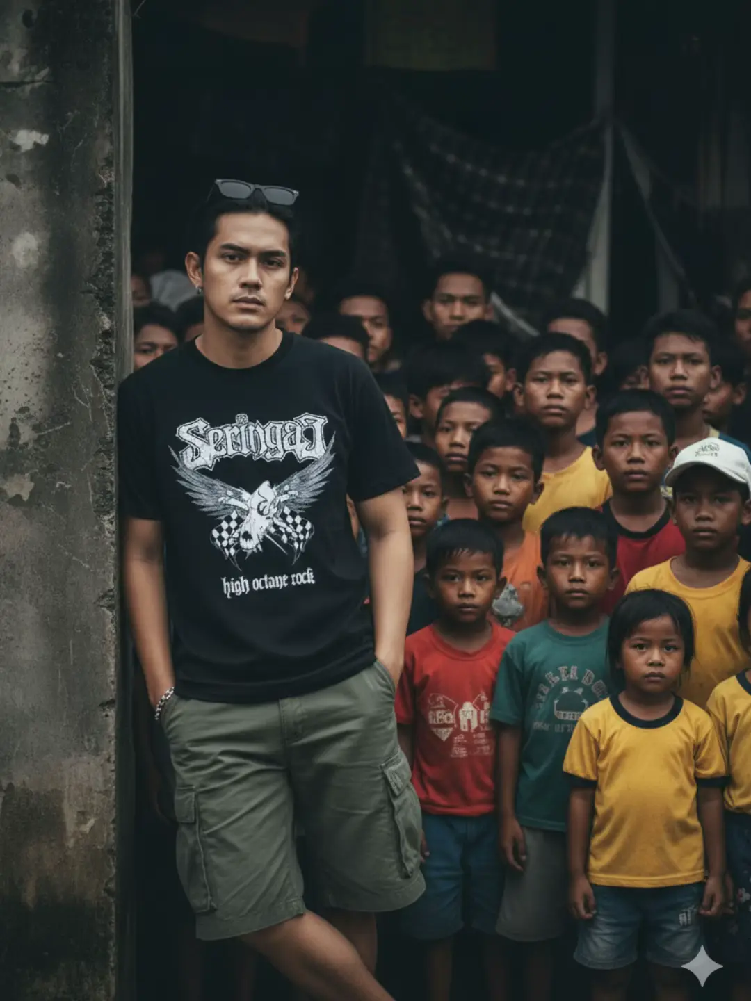 Tshirt by : Seringai 🔥🔥🔥 Prompt : Buatkan foto pria ini tanpa merubah wajah dan rambutnya, Subjek utama terdapat seorang pria yang tampak sebagai figur sentral, dikelilingi oleh sekelompok besar anak-anak dan remaja. Pria tersebut mengenakan kaus hitam polos dan celana cargo pendek berwarna hijau army. Ia menatap lurus ke kamera dengan ekspresi serius. kedua tanganya masuk kedalam kantong celana dengan gaya yang cool. aksesoris ia menggunakan anting perak di telinga kirinya, telihat gelang perak disalah satu tanganya dan ada sebuah kacamata yang tergantung di atas rambutnya. Ia berada di tengah kerumunan yang padat. Kerumunan Anak-anak dan Remaja: Kerumunan tersebut terdiri dari banyak anak laki-laki dan beberapa anak perempuan dari berbagai usia. Mereka mengenakan pakaian kasual. Beberapa anak menatap ke kamera, sementara yang lain memiliki ekspresi yang beragam, dari serius hingga penasaran. Di sisi kanan, ada seorang anak laki-laki berbaju kuning dengan topi putih yang dipakai terbalik, dan seorang anak perempuan berbaju kuning di bagian bawah. Banyak wajah menunjukkan latar belakang Asia Tenggara, Indonesia, mengingat konteks bahasa dan tampilan aplikasi. Latar Belakang dan Suasana: Latar belakangnya agak gelap dan buram, menunjukkan lingkungan yang padat, mungkin di area pemukiman padat atau perkampungan. Ada tekstur seperti kain atau dinding di belakang subjek. Pencahayaan terlihat seperti pencahayaan alami atau pencahayaan luar ruangan, dengan bayangan yang lembut, memberikan suasana yang cukup serius atau mendalam. #gemini #ai #prompt #fyp #foryoupage 