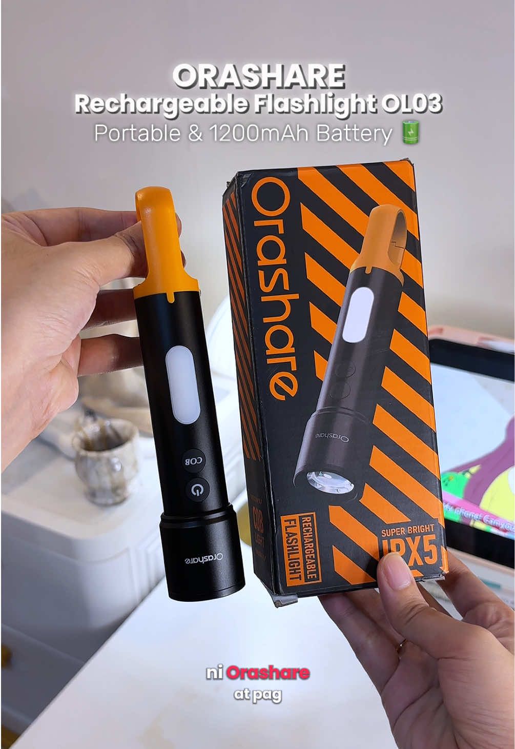 maganda quality and useful features ng flashlight from ORASHARE ✨🔦 1200mAh long battery life, with cob light, red light, rechargeable etc. — #gobagessentials #flashlight #orashareflashlight #emergencyflashlight #musthave Orashare OL03 Rechargeable Led Flashlight Torch Light COB Super Bright Torch Light With Hook Portable Water Proof