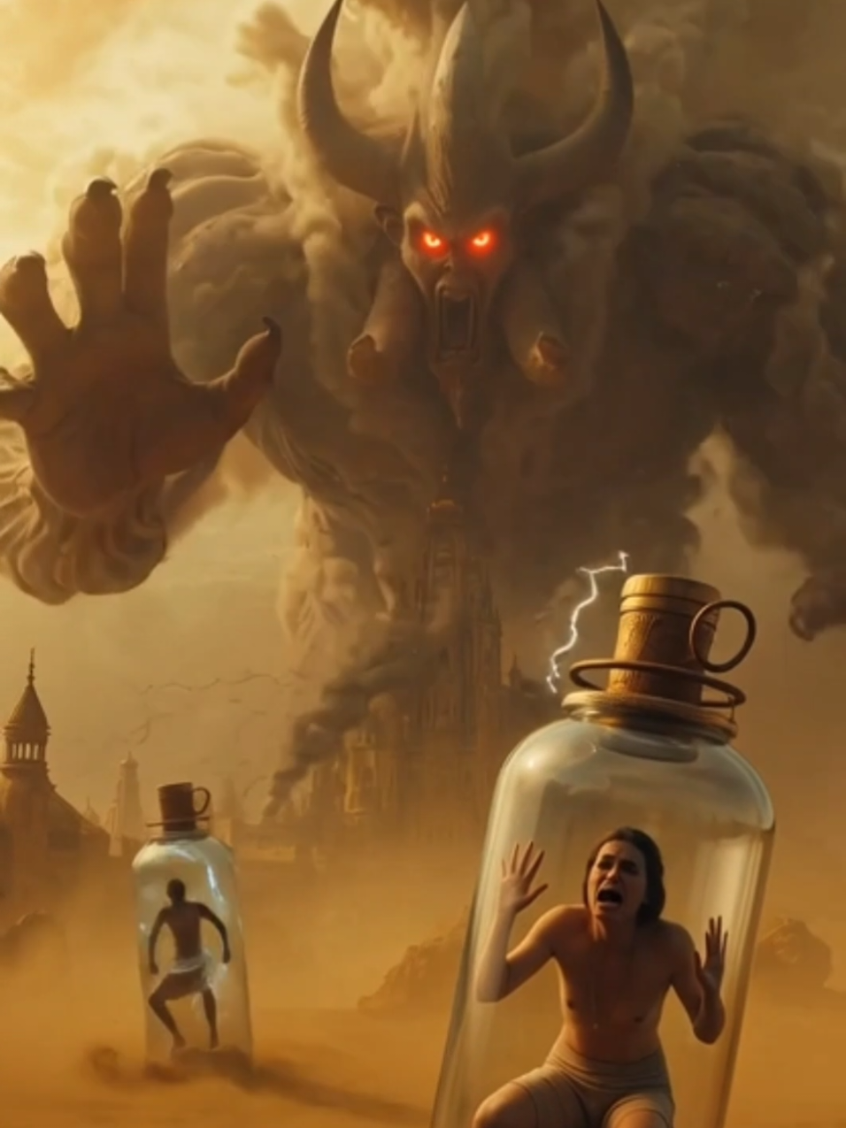 Golden dunes hide the whispers of forgotten kings... 🌪️ Ghostly jinns rise through roaring storms ⚡ ruling palaces of sand and gold. Trapped souls shimmer in bottles as lightning tears the sky apart 🌩️ A world of beauty, fear, and endless power — unseen by humans 👁️‍🔥#jin #giant #ai #viral #fyp 