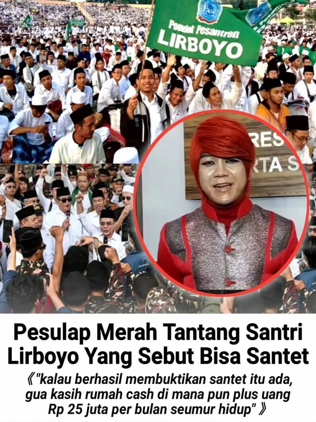 Virall.. pesulap merah tantang santri Lirboyo yang sebut bisa santet  🔥 Pesulap Merah Tantang Santri Lirboyo! Siap Kasih Rumah dan Rp25 Juta per Bulan Kalau Bisa Santet Trans7! Dunia hiburan dan jagat maya kembali dihebohkan oleh pernyataan mengejutkan dari Pesulap Merah, sosok yang dikenal vokal membongkar praktik perdukunan dan hal-hal mistis di Indonesia. Dalam pernyataan yang beredar luas di media sosial, Pesulap Merah dengan tegas menantang seorang alumni santri dari Pondok Pesantren Lirboyo yang dikabarkan sempat mengaku mampu melakukan santet atau ilmu hitam terhadap stasiun televisi Trans7. Dengan gaya khasnya yang lugas dan penuh percaya diri, Pesulap Merah menyatakan siap memberikan sebuah rumah serta uang tunai Rp25 juta setiap bulan, asalkan sang santri benar-benar bisa membuktikan kemampuannya menyantet Trans7 dan hasilnya terbukti manjur. Pernyataan ini sontak menuai beragam reaksi publik. Sebagian netizen menganggap langkah Pesulap Merah sebagai tantangan logis dan ilmiah terhadap praktik yang sering dianggap klenik, sementara sebagian lainnya menilai ini sebagai bentuk sindiran tajam terhadap tayangan dan isu mistis yang sempat ramai di layar kaca. Kontroversi ini pun semakin memanas setelah potongan video wawancara yang menampilkan seorang pria bersorban dengan logo CNN dan latar Trans7 beredar luas di berbagai platform, menimbulkan spekulasi tentang siapa sebenarnya sosok yang dimaksud. Banyak yang menunggu apakah tantangan dari Pesulap Merah ini akan dijawab, atau hanya menjadi sensasi viral yang menghibur publik. Dengan gaya komunikasi yang blak-blakan dan sering memancing debat, Pesulap Merah sekali lagi berhasil mengguncang jagat maya dan memancing diskusi hangat tentang batas antara keilmuan, keyakinan, dan hiburan. Apakah tantangan ini akan diterima? Apakah akan ada pembuktian nyata di depan publik? Satu hal pasti — publik kini sedang menunggu kelanjutan drama “santet vs logika” ini dengan rasa penasaran yang luar biasa. sumber: fb Titin Hartini  #wonglucunepati #Info #santri #pesulapmerah #trans7 