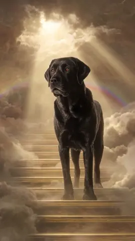Every step he takes is made of light. Every breath, a memory of love. And at the end of the golden stairs, someone waits — smiling, calling his name softly through the light. 🕊️💛 #DreamDogsAI #EternalTribute #RainbowBridge #GoldenStairs #BlackLabrador   