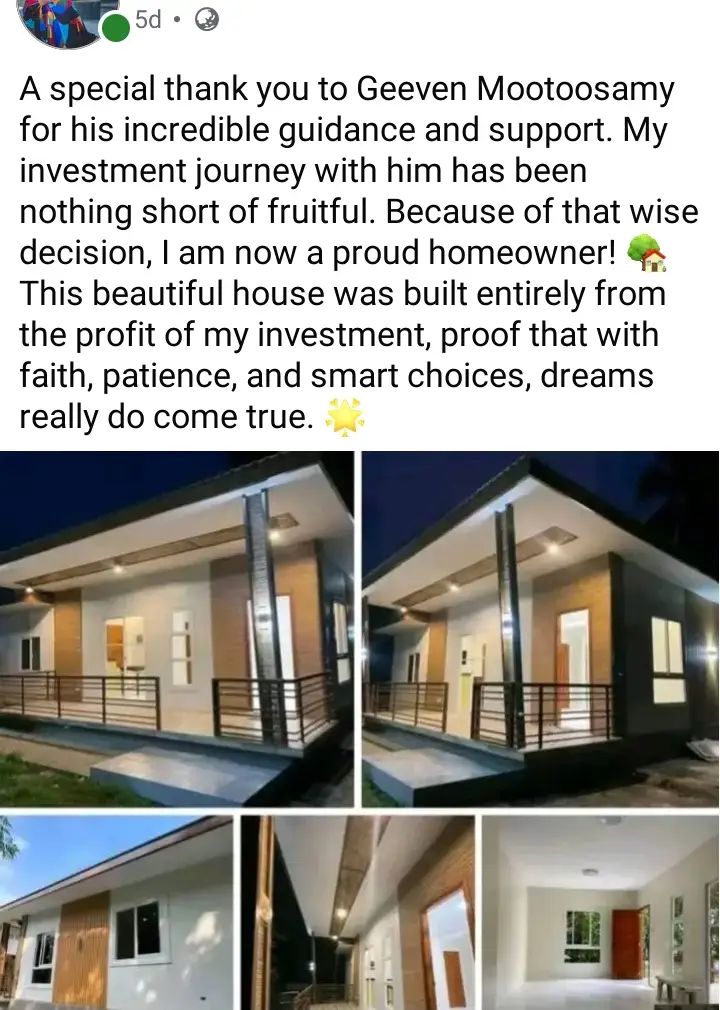 Congratulations 🎉 on your new home 🏡 Your achievement is truly inspiring. Remember with consistent effort and wise financial decisions, you can continue building the future you dream of. Keep investing even small, steady investments today can lead to big rewards tomorrow. Never depend on a single source of income; create multiple streams through smart investments and secure a successful, independent future!