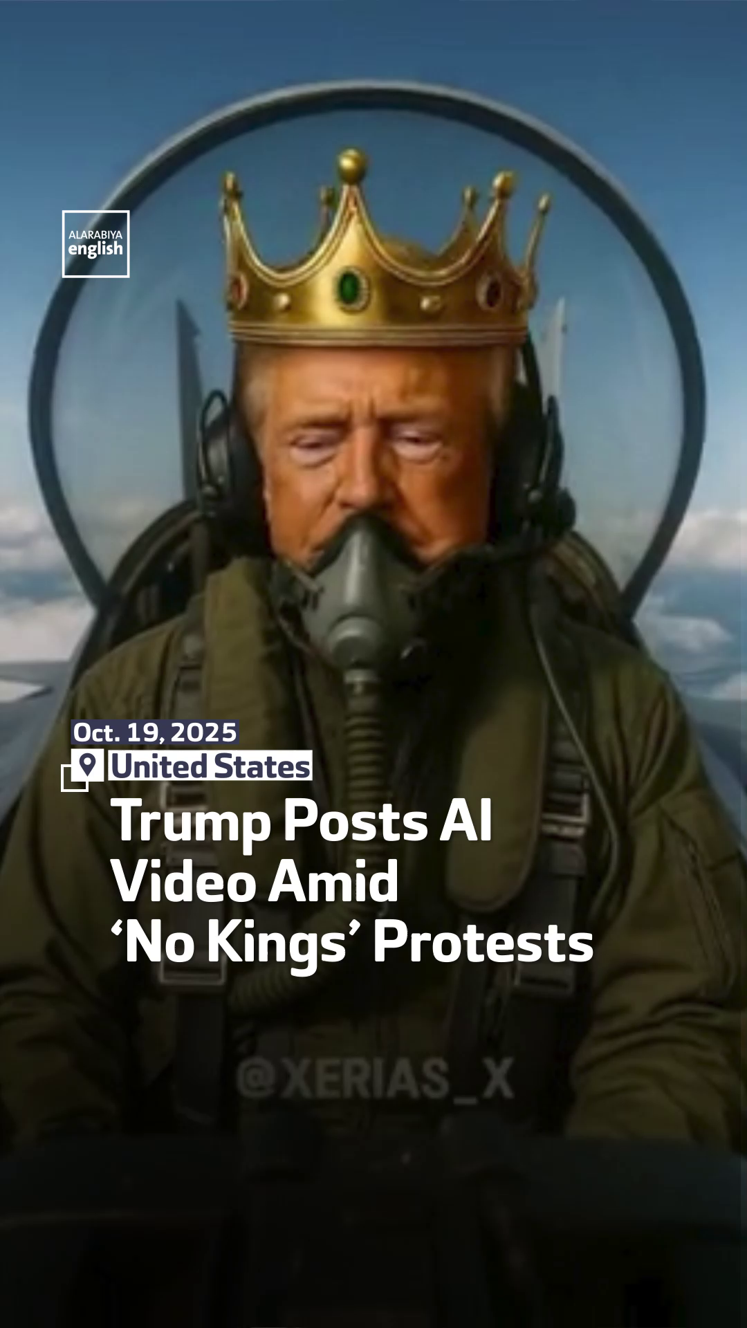 US President Donald Trump posts an AI-generated video on Truth Social in response to nationwide “No Kings” protests, showing the president wearing a crown and piloting a fighter jet labeled “KING TRUMP.” #Trump #NoKingsProtests #AIvideo