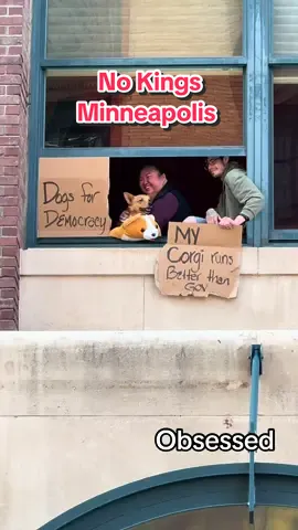 Obsessed with this queen and her corgi! #nokings #minneapolis #dogsfordemocracy #corgi 