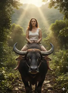 Riding at the back of neck of a carabao. Gemini Ai Trending.  PROMPT HERE 👇  @🌸 Ate My 🌸 :Ultra realistic, 8K resolution cinematie image of a person riding at the back of neck of a powerful carabao in a forest covered mountainous landscape. Face with the face from the uploaded image, keeping the facial features exactly the same. She is wearing rugged white sando, shorts, She sitting and holding the reins of the carabao with a relaxed yet confident posture. The carabao is muscular, and expressive eyes, wearing a simple leather halter.
