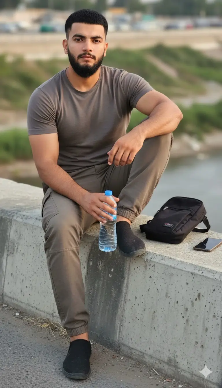Ultra-high-resolution 16K cinematic DSLR full-body photo of a fit, athletic  man (based on the uploaded reference). He sits on the edge of a slightly elevated concrete bridge — right foot on the ground, left foot slightly forward. One hand rests on his lap holding a clear water bottle, looking confidently at the camera with a natural, masculine, street-casual vibe. Beside him: a small black sling bag and a smartphone with the screen on.#chatgpt #gemini #prompt #edit #fyppppppppppppppppppppppp 