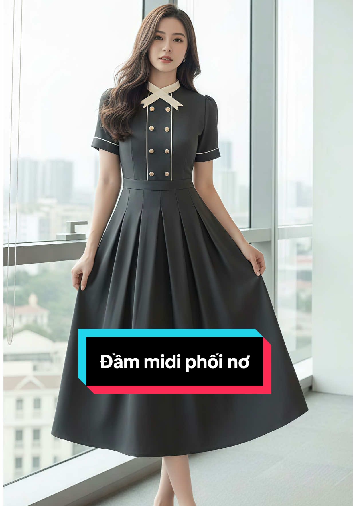 Đầm midi phối nơ và nút ánh kim, vừa duyên dáng vừa thanh lịch, che khuyết điểm #damcongso #damditiec #damxinhgiare #lala #lalacloset 