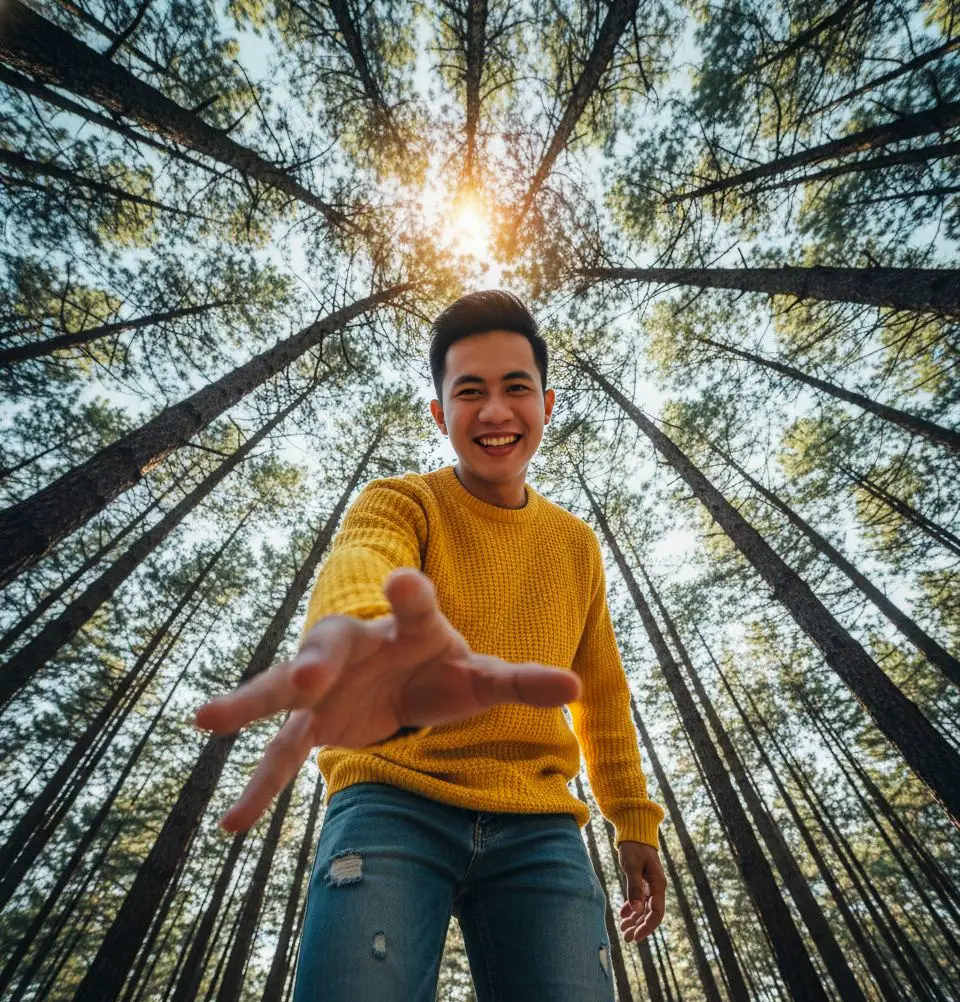 Tutorial edit di GEMINI AI 🫵 1. buka aplikasi Gemini 📲 2. Masukan foto kamu 📸 3. Copy+paste prompt di bawah 👇 ​ PROMPT : ‎WORM'S-EYE VIEW PHOTOGRAPH, A SMILING Person in Uploaded Image  IN A YELLOW SWEATER AND RIPPED JEANS, EXTREME LOW ANGLE, FORCED PERSPECTIVE MAKING HER HAND LOOK ENORMOUS, TOWERING PINE TREES CREATING RADIAL LINES, SUN FLARE, BACKLIT, JOYFUL MOOD, ULTRA-WIDE ANGLE LENS EFFECT, CINEMATIC PHOTOGRAPHY, HIGH DETAIL. --AR 9:16 Prompt by : abumusamugihasani ( Threads ) #GeminiAi #fyp #geminitrend #gemini #promptgemini 