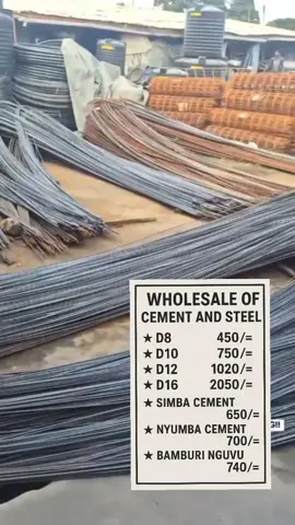 GENERAL HARDWARE PRODUCTS! BEI YA MWANANCHI! Free & Fast Deliveries/Supplies Countrywide. PRICE LIST STEEL D8-Ksh. 450 D10-Ksh. 750 D12-Ksh. 1020 D16-Ksh. 2050 D20-Ksh. 2500 Binding Wire- Ksh. 2,900 ROUND BARS R12- Ksh. 1250 R10- Ksh. 750 R8- Ksh. 580 R6- Ksh. 210 Hoop Iron/Wallpass Roll-Ksh. 1900 Polythene Paper Roll (1000G) Ksh. 1800 CEMENT Simba Cement Ksh. 650 Bamburi Cement (Nguvu) Ksh. 750 MABATI (GAUGE 30) Normal/Corrugated Mabati Ksh. 300 Per Meter (Maisha/Nyumba) Box Profile Mabati Ksh. 380 Per Meter (Maisha/Nyumba) Dumuzas Mabati (MRM) Ksh. 420 Per Meter Versatile Mabati Ksh. 520 Per Meter (Maisha/Nyumba) FLOOR TILES 40*40 (12Pcs) Ksh. 760 30*30 (17Pcs) Ksh. 620 50*50 (7Pcs) Ksh. 1030 60*60 (4Pcs) Ksh. 1210 WALL TILES 20*30 (25PCS) Ksh. 520 25*40 (15Pcs) Ksh. 530 GYPSUM Gypsum Boards (9mm) Ksh.  520 Channels Ksh. 150 Studs Ksh. 150 Gyproc Filler Ksh. 1120 Corner Tape Ksh. 830 Gypsum Screws Ksh. 540 TUBES ¾- Ksh. 450 ¾ *3/4- Ksh. 460 1*1- Ksh. 550 1.5*1- Ksh. 750 1*1/4 by 1*1/4 Ksh.  760 1.5*1.5- Ksh. 890 2*1-Ksh. 910 2*2- Ksh. 1500 TEE 3/4- Ksh. 560 FLAT 3/4- Ksh. 210 ZED 3/4- Ksh. 810 ANGLE 3/4- Ksh. 660 Grinding Disc (ABRA) 7